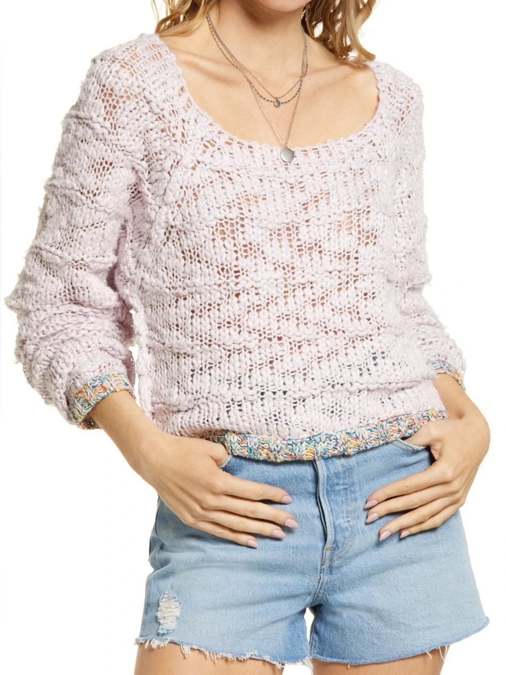 Free People West Palm Light Pink Crotchet Pastel Pullover Sweater
